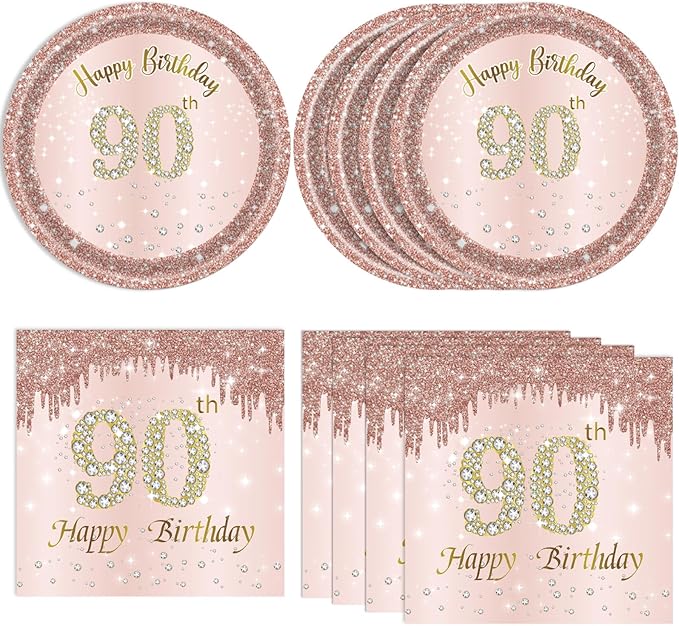 40PCS 90th Birthday Decorations for Women Rose Gold 1936 90 Year Old Theme Birthday Party Tableware Kit 90th Birthday Plates and Napkins Set for Women,Disposable 7'' Paper Plates, Napkins