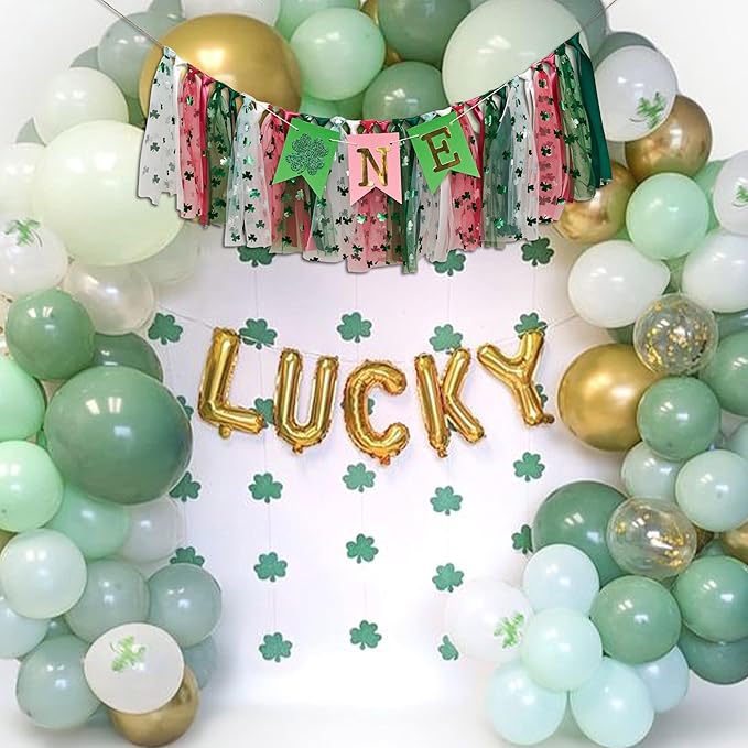 St. Patrick's Day High Chair Banner - Lucky One Birthday Party Supplies,Glitter Luck Shamrock Decorations,Four Leaf Clover First Birthday ONE Tutu Highchair Banner (lucky pink)