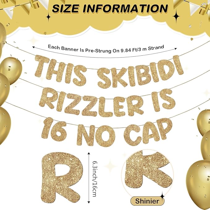 Fulmoon Pre Strung This Skibidi Rizzler Is 16 No Cap Glitter Banner 16th Birthday Party Decorations, Funny Birthday Sign, Party Supplies, Ideas, Gifts, Champagne Gold