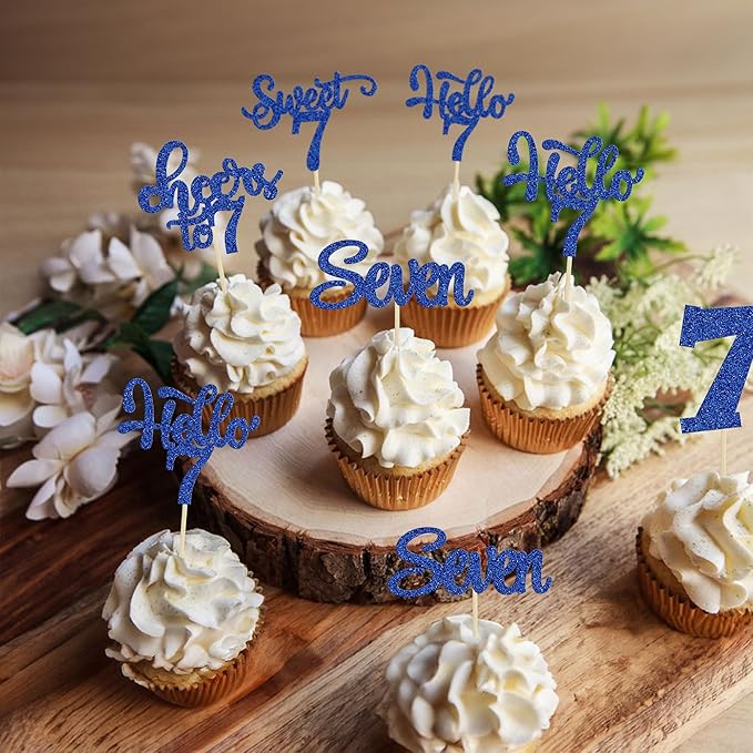 30Pcs 7th Birthday Cupcake Toppers Glitter Seven Happy 7 Cupcake Picks Cheers to 7 Years Old Cake Decorations for 7th Birthday Party Supplies Deep Blue