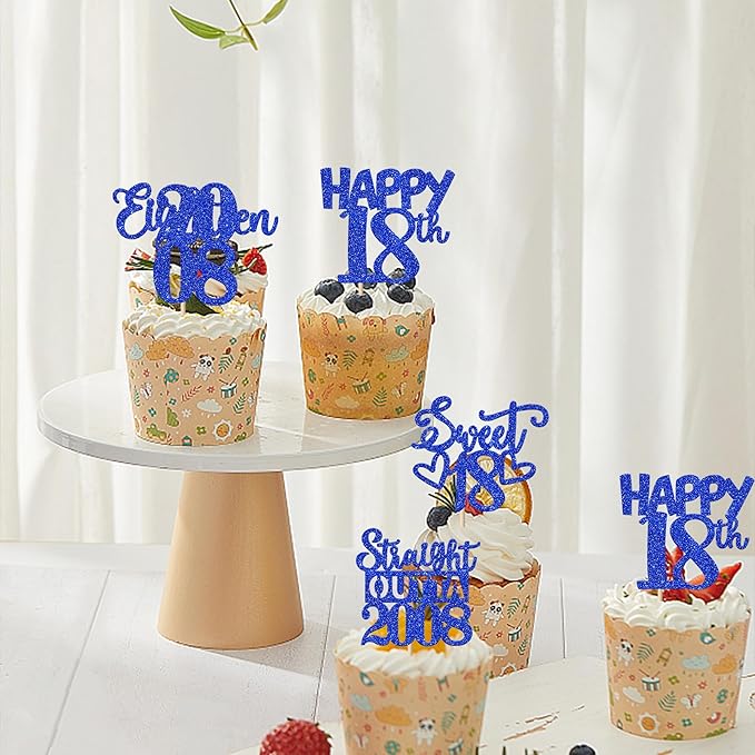 30 PCS 18th Birthday Cupcake Toppers Glitter Eighteen Happy 18 Straight Outta 2008 Cupcake Picks for Cheers to 18 Fabulous 18th Birthday Anniversary Party Cake Decorations Supplier Blue