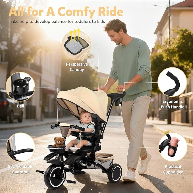 Folding Kids Tricycle, 8 in 1 Toddler Trike W/Removable & Adjustable Canopy, Parent Handle, 5-Piont Harness, Toddler Bike Tricycle for Kids 1-6 Years, EVA Wheels, Storage Basket, Khaki