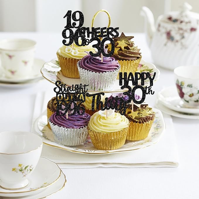 30PCS Black 30th Birthday Cupcake Toppers Glitter Thirty Happy 30th Straight Outta 1996 Cupcake Picks for Cheers to 30 Years 30th Birthday Wedding Anniversary Party Decoration Supplies