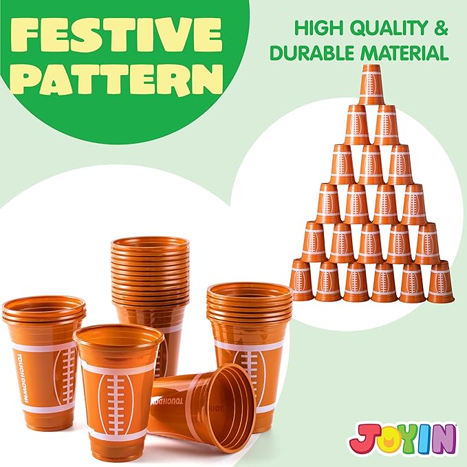 JOYIN 24 PCS Party Cups Bulk, 16oz Football Disposable Plastic Cups Holiday Tableware for Football Theme Party Supplies, Decoration, Party Drink Cups