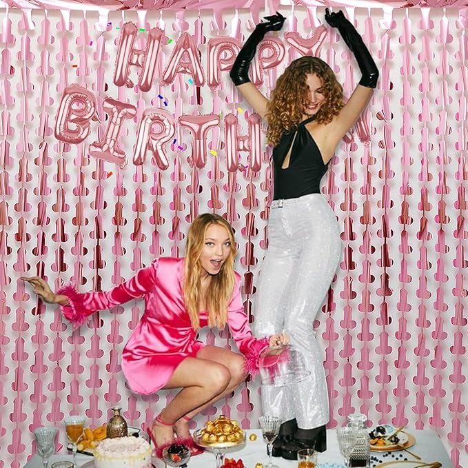 Bachelorette Party Decorations Foil Fringe Curtain, 2-Pack Girls Night Supplies Funny Metallic Streamers, Naughty Tinsel Backdrop for Hen Parties Bridal Shower Adult Birthday (Pink)