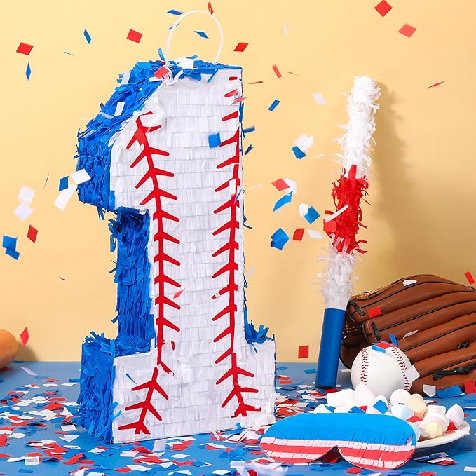 HyDren Baseball Piñata Baseball Party Decorations Number Piñata with Bat, Blindfold and Confetti, 16 Inch Sports Themed Birthday Party Supplies for Celebration Events(Number 1)