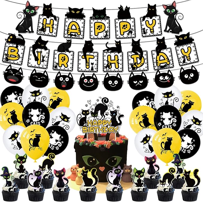 Cat Themed Party Decoration Black Cat Birthday Party Supplies Set Includes 5 x 3ft Black Cat Backdrops, Cat Happy Birthday Banner, Cake Topper, Cupcake Toppers, Balloons