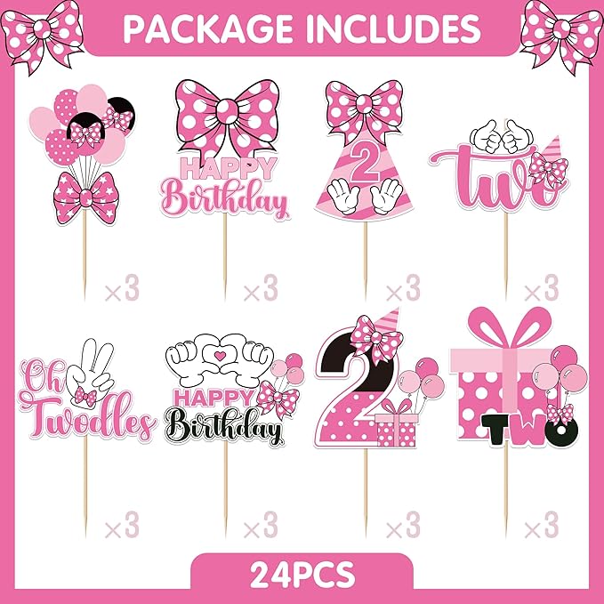 Oh Twodles Cupcake Toppers - 24 Pcs Pink and White Cartoon Mouse Bow Dots Cake Cupcakes Dessert Topper Decor Set 2nd Birthday Party Decorations Supplies Favors for Two Years Old Kids Girls