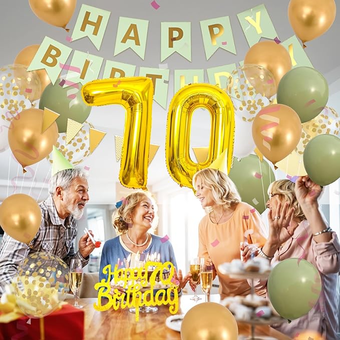 70th Birthday Decorations for Men Women, gold green Happy Birthday Party Decorations With Number 70 Balloons sage green Gold Confetti balloons Fringe Curtain Cake Topper For 70th Party Supplie