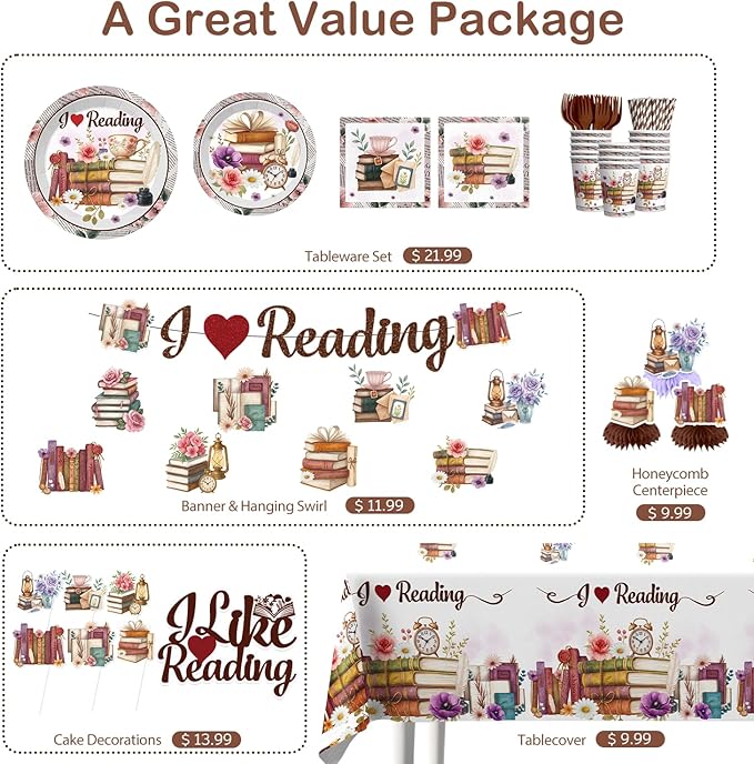 Xynic 177pcs Book Themed Party Decorations Tableware Complete Party Set, Book Club & Book-Themed Birthday Decorations I Like Reading PartySupplies, Serves 25 Guests