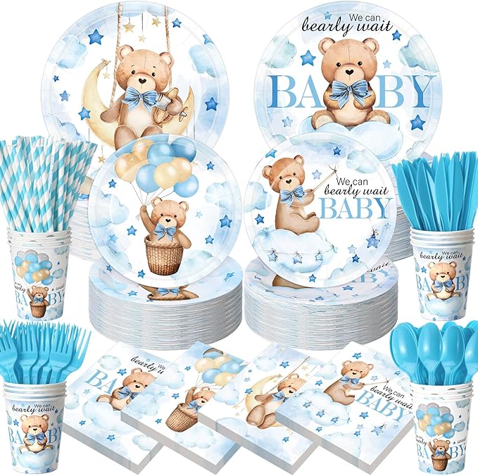 450 Pcs Blue Bear Baby Shower Tableware Set Decorations, We Can Bearly Wait Paper Plates Napkins Cups Cutlery Straws for Blue Baby Shower Gender Reveal Birthday Party Supplies, Serves 50