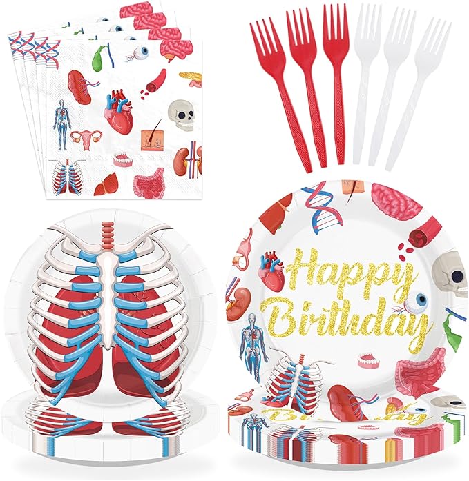 96Pcs Human Anatomy Body Part Birthday Party Supplies Human Body Theme Plates and Napkins Organ Heart Stomach Theme Tableware Set for Medical Physiology Doctor Nurse Birthday Party Supplies，Serves 24