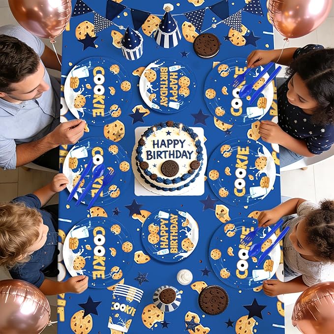 170Pcs Milk and Cookies Birthday Party Decorations Blue Chocolate Chip Milk Cookie Theme Plates Napkins Cups Forks Knives Spoons Tablecloths for Kids Birthday Baby Shower Party Supplies Serves 24