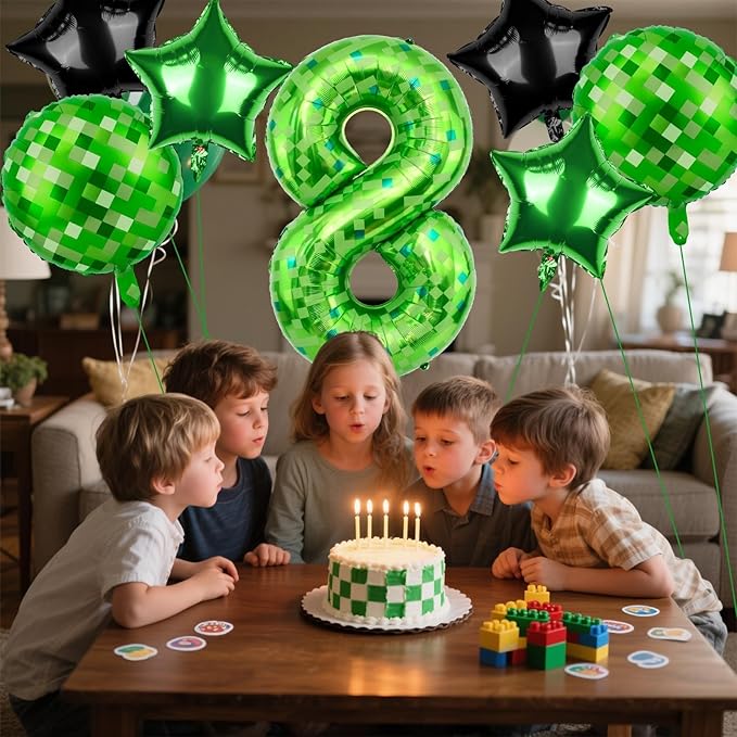 40 Inch Green Pixel Themed Number 8 Balloon Set Foil Balloon for Girls & Boys Birthday Party Decorations, Party Supplies & Favors(Number 8)