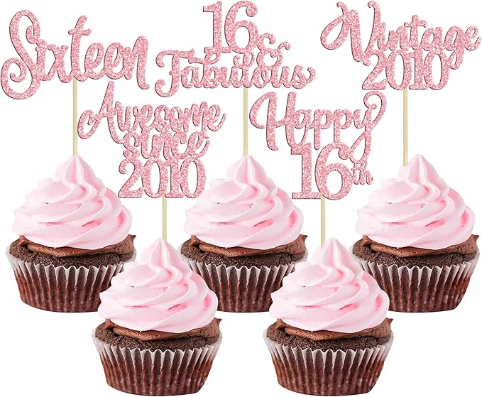 Ephlyn 30Pcs Vintage 2010 Cupcake Toppers Glitter Sixteen Happy 16th Birthday 16 Fabulous Cupcake Picks Cheers to 16 Years for 16th Birthday Wedding Anniversary Party Cake Decorations Supplies Pink