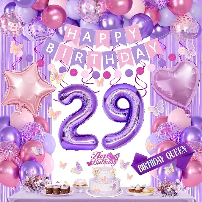 29th Purple Birthday Decorations for Women, Pink and Purple Happy 29 Birthday Party Decorations with Happy Birthday Banner, Number Foil Balloons, Butterfly Cake Topper for 29th Party Supplies