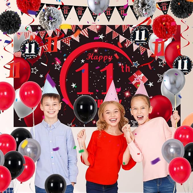 11th Birthday Decorations for Boys Girls Red and Black, Happy 11th Birthday Backdrop Banner, 11 Birthday Party Decoration Tablecloth Balloons Triangle Flag, 11 Year Old Boy Bday Party Supplies