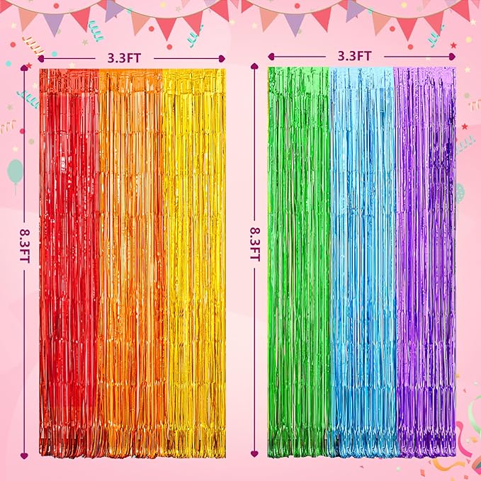 Rainbow Metallic Tinsel Foil Fringe Curtains Backdrop 2Pack 3.3x8.3Ft Party Streamers for Birthday Party Decorations Halloween Christmas Decors Foil Curtain Backdrop for Bachelorette Bridal Party