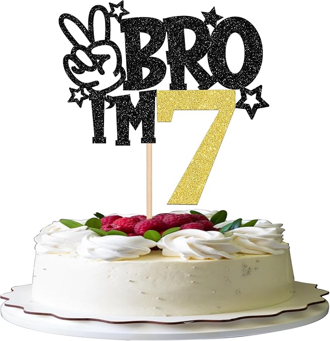 1 PCS Brother I'm 7 Cake Topper Glitter Star Happy 7th Birthday Cake Pick Bro I'm 7 Cake Decoration It's My 7th Birthday Decorations for Boys Cheers to 7 Years Old Birthday Party Supplies Gold