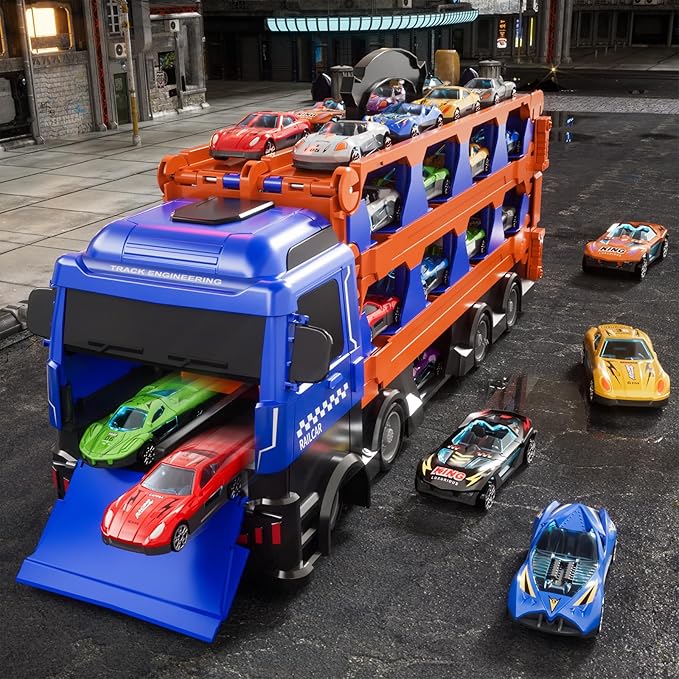kids Catapult Railcar Toys : Toy Truck for 3 4 5 6 Years Old Kids Boys | 78-Inch Race Track Transport Vehicle & 12 Die-Cast Metal Toy Cars | Toddler Truck Car Toys Set Gifts for Age 3-12 Years Old Kid