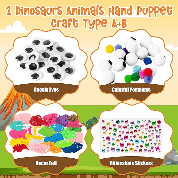 WATINC 12 Pcs Hand Puppet Making Kit, Art Craft Felt Sock Puppet Toys, Creative DIY Make Your Own Pompoms Wiggle Googly Eyes Storytelling Role Play Party Supplies Gift for Girls Boys (Dinosaurs)