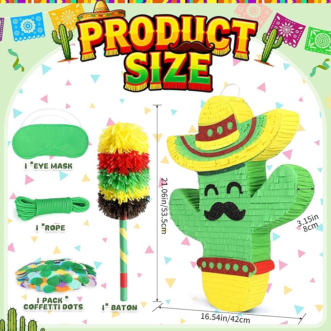 Cactus Pinata for Cinco De Mayo Fiesta Party Decorations, Large 21" Mexican Theme Paper Mache Pinata for Birthday, Taco Bout A Party, Luau Event, Carnival Game Centerpiece with Fillers Support