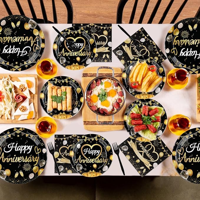 96 Pcs Happy Anniversary Decorations Disposable Black and Gold Anniversary Party Paper Plates and Napkins Tableware Set Wedding anniversary Party Supplies for 40th 50th 60th Wedding Favors 24 Guests
