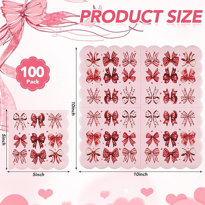 100 Pcs Bow Napkins, Scalloped Pink Bow Birthday Decrations Bachelorette Dessert Beverage Party Napkin for Bridal Baby Shower, Engagement, Wedding