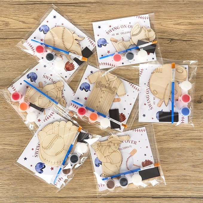 Bafeil 24 Set Baseball Party Favors - Baseball Birthday Party Favors - Non-Toxic DIY Wooden Paint Crafts with Magnet Luminous Pen - Sport Theme Goodie Bags Gifts Prizes