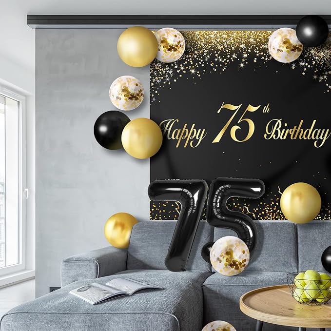 Happy 75th Birthday Balloons Black Set Decor - Cheers to 75 Years Old Party Theme Garland Banner Backdrop Decorations For Women and Men Supplies