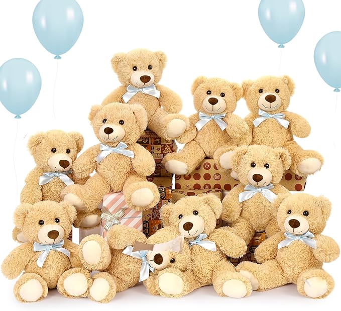 MorisMos 10-Pack Teddy Bear Bulk for Baby Shower,14-inch Small Teddy Bear Stuffed Animal Plush Toy,Soft Bulk Stuffed Animal Wholesale for Baby Shower Centerpiece Decoration Birthday Party Favors,Brown