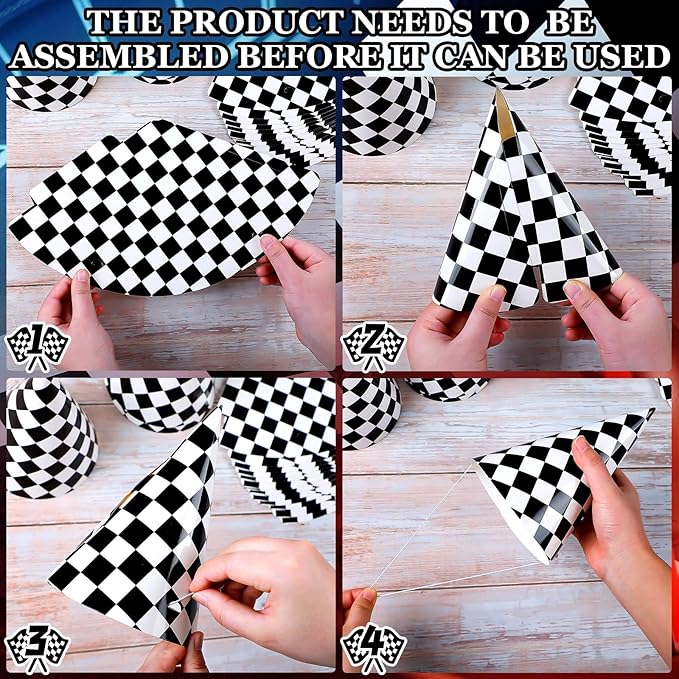 Teling 30 Pieces Birthday Party Hats Car/Cow Themed Paper Cone Hat Birthday Party Supplies Decorations for Kids (Race Car)