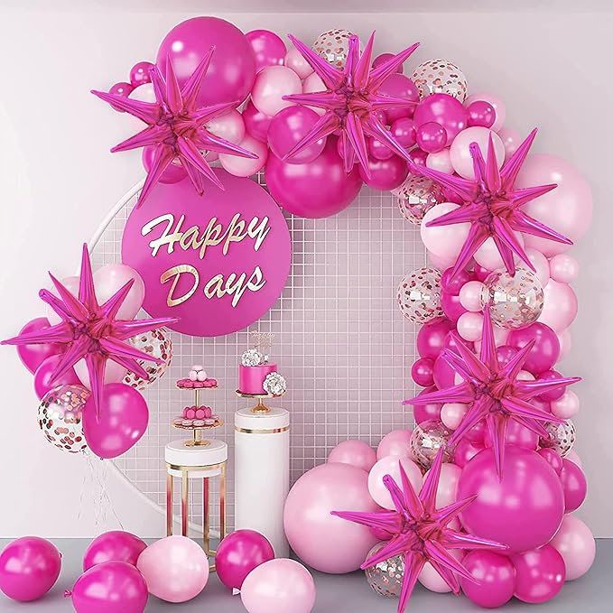 TONIFUL 4 Pcs 22inch 4D Hot Pink Explosion Star Mylar Balloons for Party Backdrop Christmas,New Year Birthday, Wedding Baby Shower Anniversary Photo Booth Supplies
