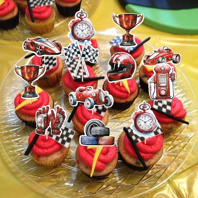 40 Pack Racing Car Cupcake Toppers Fighting Flag Cupcake Picks Race Helmet Gloves Cupcake Decorations for Racing Sport Theme Baby Shower Boys and Girls Birthday Party Supplies