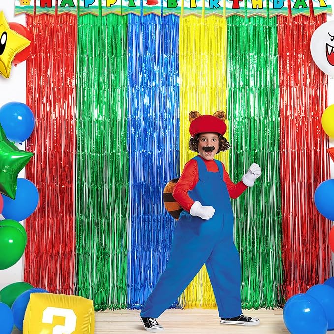 Super Bros Birthday Party Decoration, Including 2Pack Red Green Blue Yellow Foil Fringe Curtains, 1pc Mario Themed Birthday Banner & 22pcs Balloons for Video Game Mario Theme Birthday Party Supplies