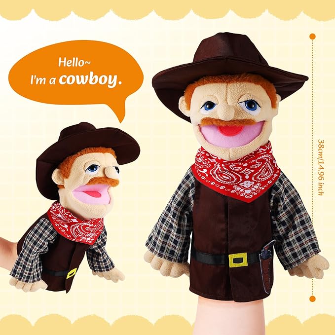 Role Play Hand Puppets Hand Plush Chef Doctor Fireman Pirate Detective Athlete Nurse Worker Hand Puppet Toys Puppets for Kids Storytelling Imaginative Pretend Play Teaching Preschool(Cowboy)