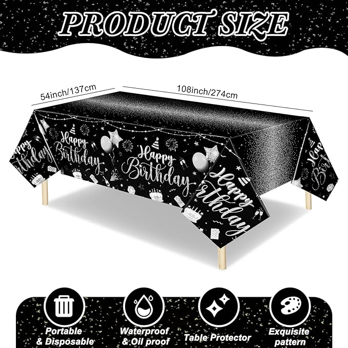 Tudomro 1 Pcs Happy Birthday Tablecloths Happy Birthday Party Decorations Plastic Table Cover Rectangular Cloths for Women Men Baby Shower Party Supplies, 108 x 54 Inch (Black Silver)