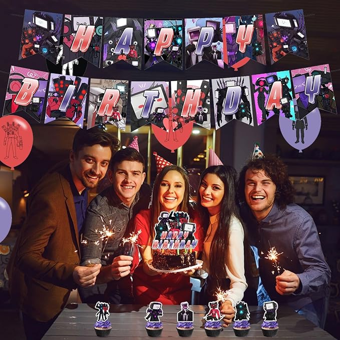 Titan TV Man Birthday Party Supplies, Multicolor, Includes Happy Birthday Banners, Balloons, Cake Toppers and Cupcake Toppers for Kids Gifts