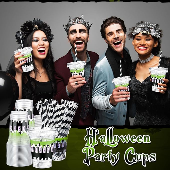 Domensi 50 Pcs Halloween Black and White Juice Classic Horror Party Plastic Cup 12 oz Scary Disposable Plastic Cups with Lids and Straws Thick Clear Horror Movie Party Table Decoration Supplies