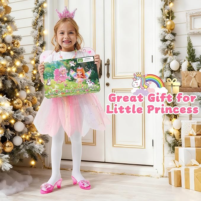 Princess Dress Up Unicorn & Fairy Costume for Girls, Toddler Tutu Set with Wings, Shoes, Jewelry, Headband, Pretend Play Fairy Toys for Girls Ages 3 4 5 Christmas Birthday Gift Rainbow