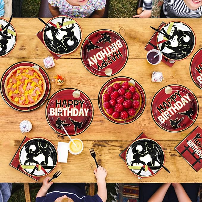 96 Pcs Karate Birthday Party Decorations Taekwondo Martial Arts Plates and Napkins Disposable Karate Themed Tableware Set for Kids Boys Ninja Sports Birthday Party Supplies Serves 24