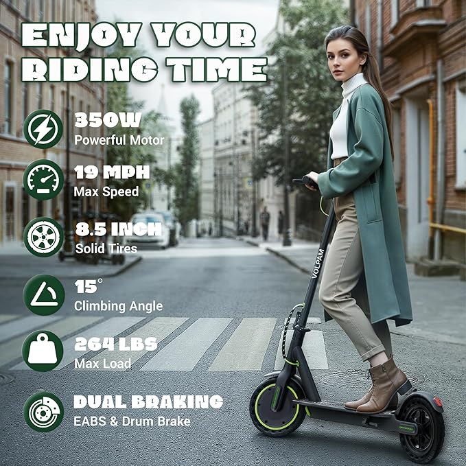 VOLPAM Electric Scooter, 350W/500W Powerful Motor, 8.5"/10" Solid Tires, 19/21Mph, 28/23/21/16 Miles Max Range, Dual Braking