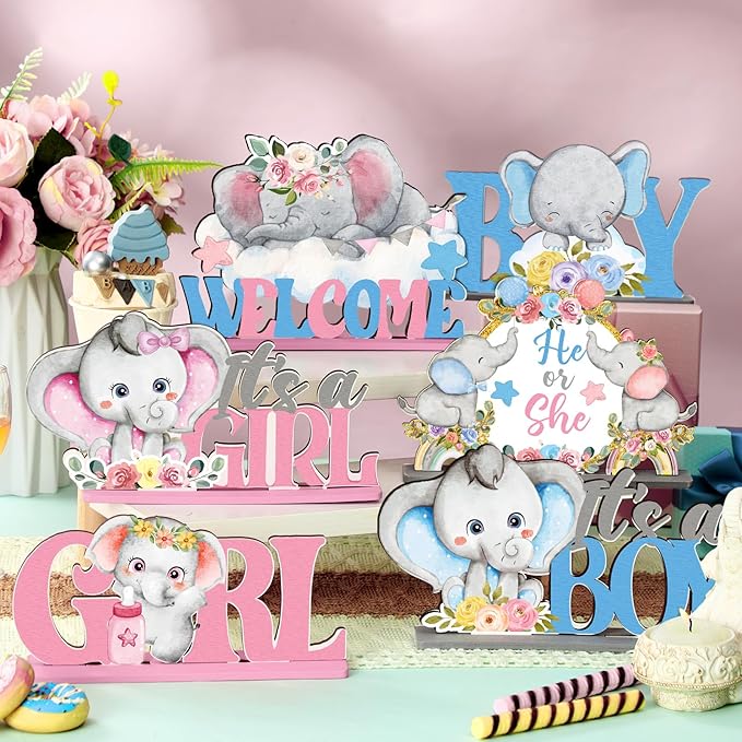 6 Pcs Elephant Gender Reveal Table Decorations He or She Baby Shower Party Centerpieces Elephant Theme Gender Reveal Blue and Pink Wooden Signs for Baby Shower Newborn Decor Party Supplies