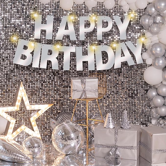 175Pcs DIY Glitter Customizable Banner Kit Happy Birthday Letters Banner Winter Wonderland Banners Snowflakes Personalized Banners Decor Baby Shower Birthday Party Decorations Supplies(Shiny Silver)