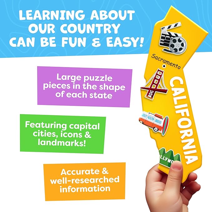 United States Puzzles for Kids Ages 4-6 - Educational Toys for Boys, Girls - 70pc USA Map Kids Puzzle - 50 States & Capitals - Floor Jigsaw Puzzles, Learning Activities, Easter Gifts for Kids