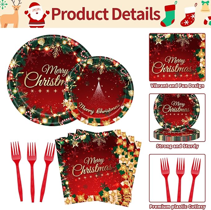 100 Pcs Merry Christmas Party Supplies - Serves 25, Red Green Holiday Disposable Tableware, Includes Paper Plates, Napkins, and Plastic Forks for Xmas Dinner, Winter Celebrations, Seasonal Decorations