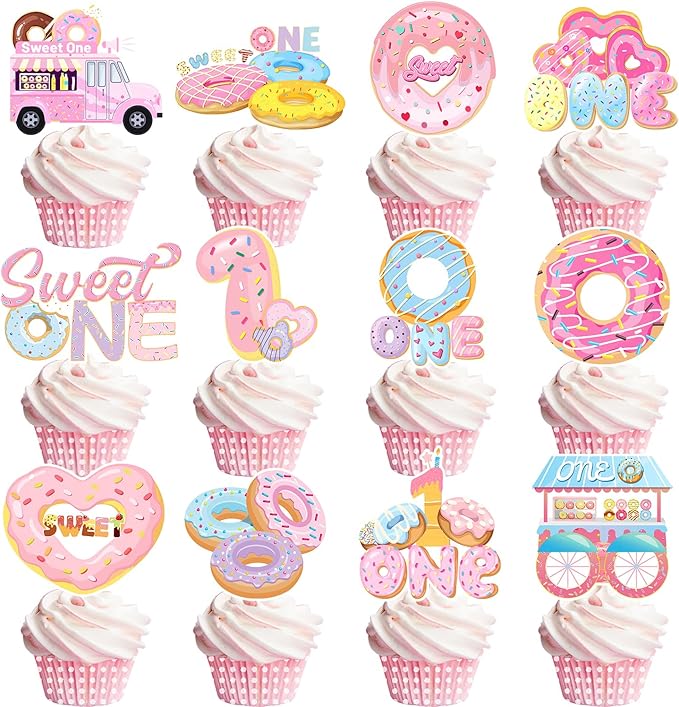 24 PCS Donut Sweet One Birthday Party Decorations, Donut Party Cupcake Topper Decorations for Girls 1st Birthday Party Baby Shower Supplies