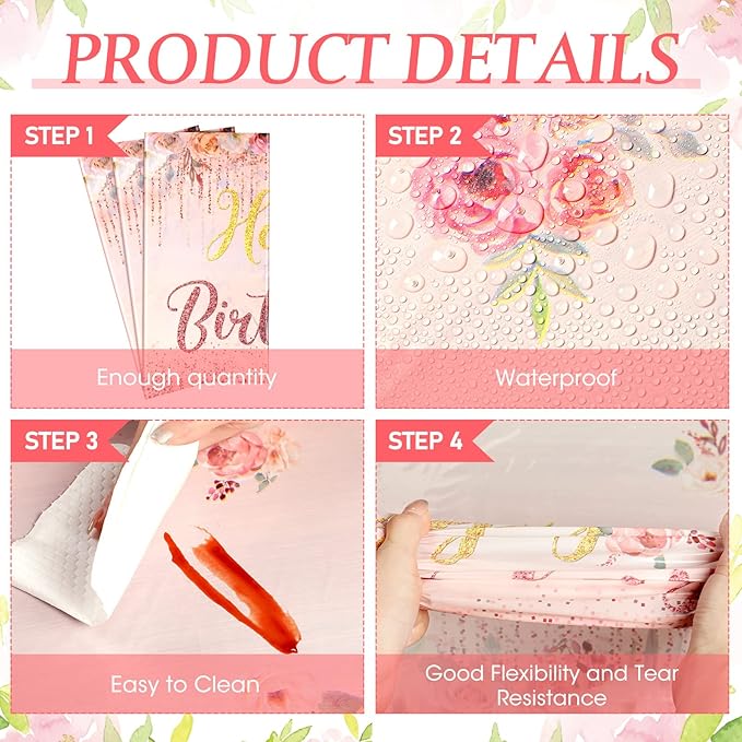 Tiamon 3 Pcs Happy Birthday Tablecloth Floral Table Cover Rose Gold Pink Disposable Plastic Decor for Girls Kids Baby Shower Party Supplies