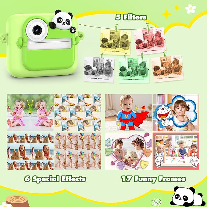 Kids Camera Instant Photo Printing,HD Digital Video Dual Cameras with Panda Silicone Case,Kids Digital Camera That Print Photos Easter Birthday Gift for Boys and Girls with 32GB SD&3 Rolls Print Paper