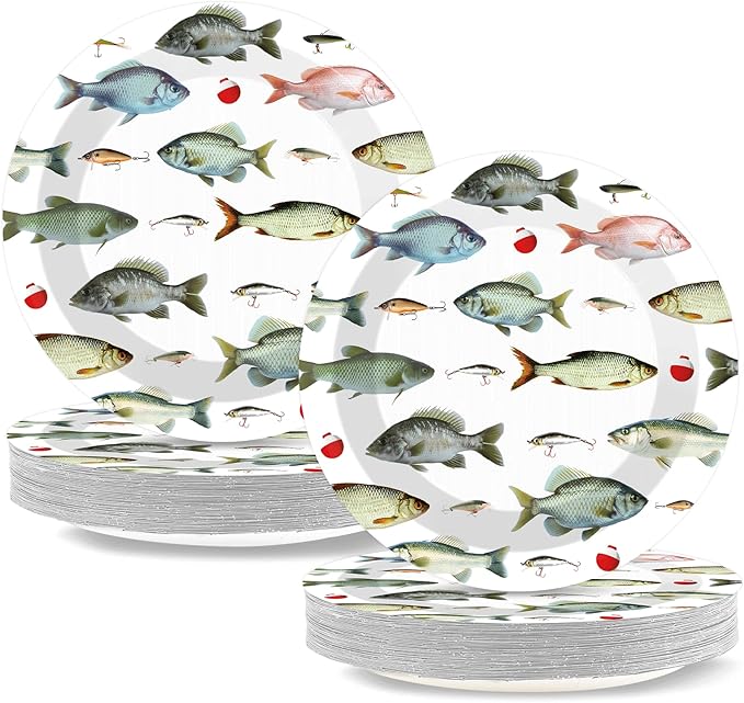 CHUNNIN 50PCS Gone Fishing Party Plates for Fishing Themed Party Decoration 7Inches Ofishally One Birthday Tableware Gone Fish Disposable Dessert Plates for Little Fisherman Birthday Supplies